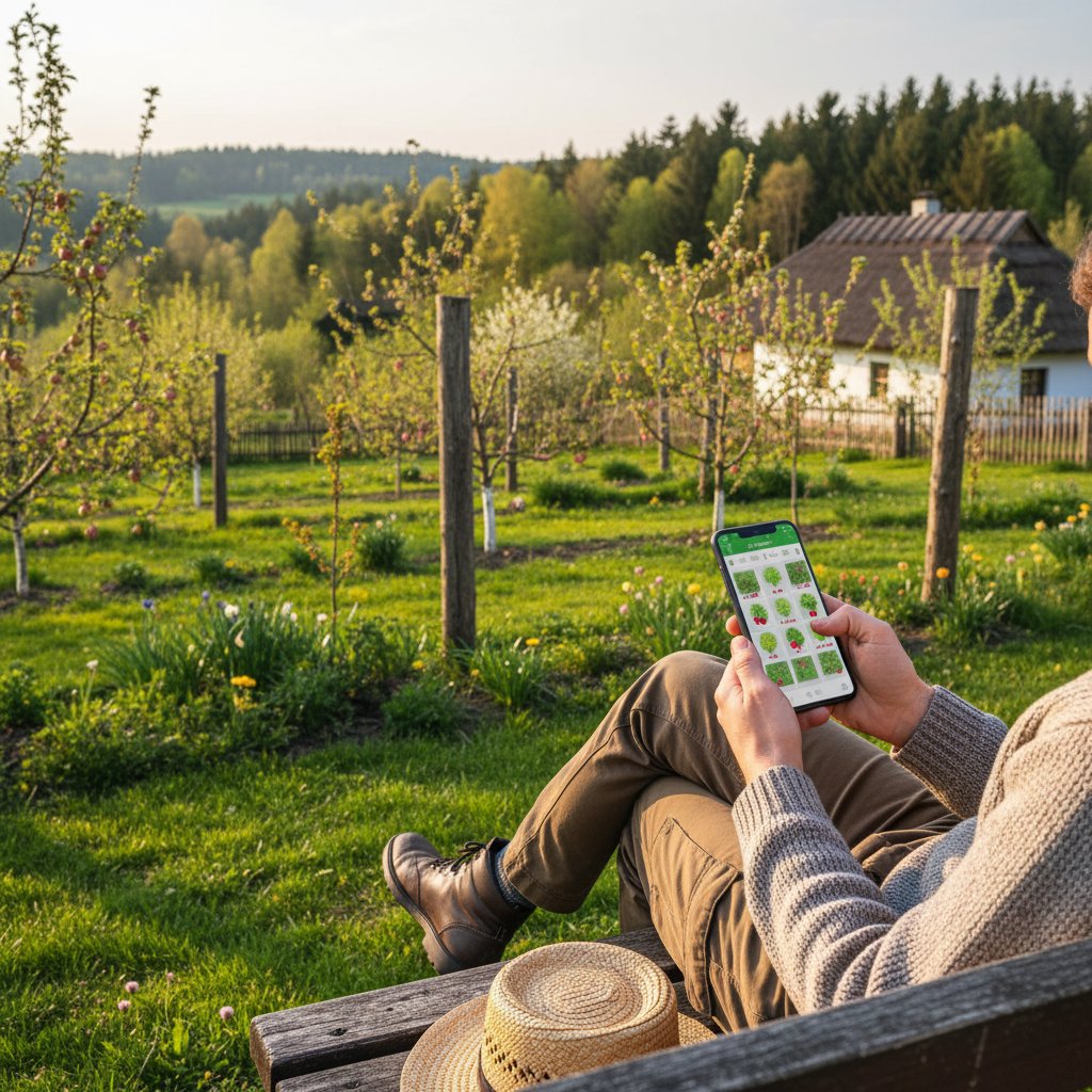 Osoba używająca smartfona do planowania sadzenia drzew owocowych na działce, Polska