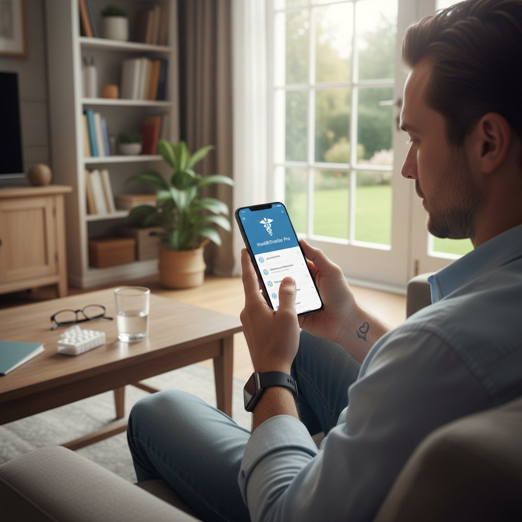 Osoba korzystająca ze smartfona w domowym zaciszu, korzystająca z aplikacji medycznej