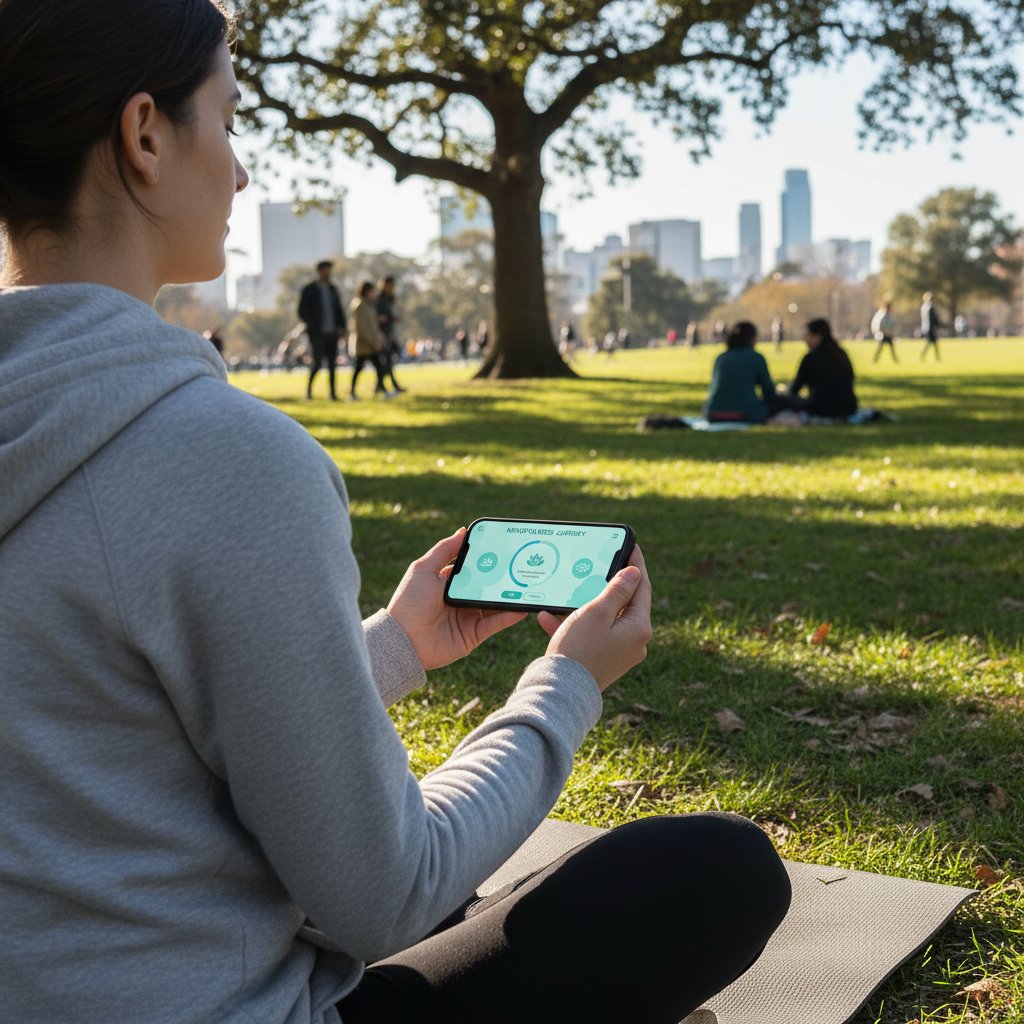 Osoba korzystająca z aplikacji mindfulness na smartfonie podczas spaceru po parku