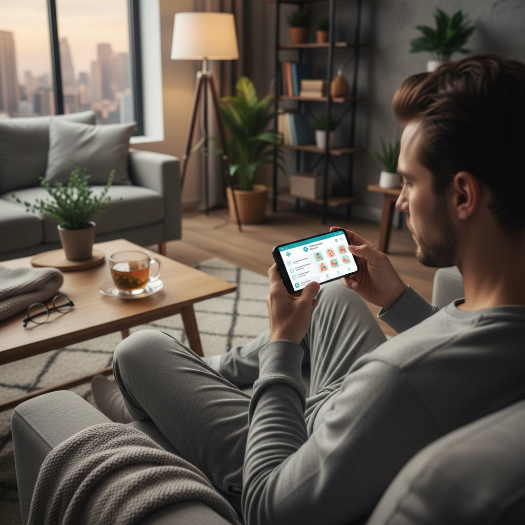 Osoba korzystająca z symptom checkera na smartfonie, spokojne domowe wnętrze