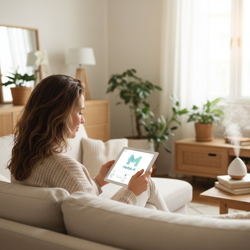 Osoba korzystająca z medyk.ai na tablecie, spokojna atmosfera, domowa przestrzeń