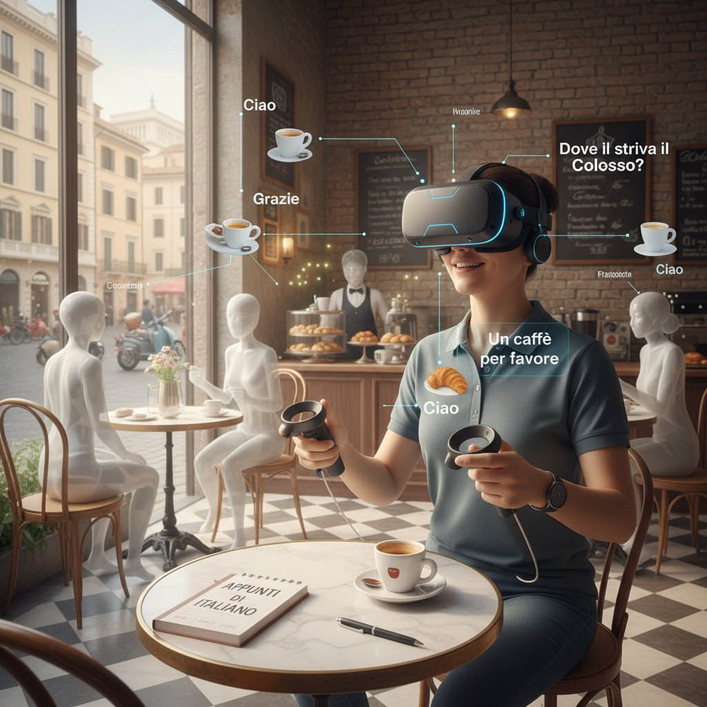 Użytkownik w okularach VR ćwiczący włoski w symulowanej włoskiej kawiarni