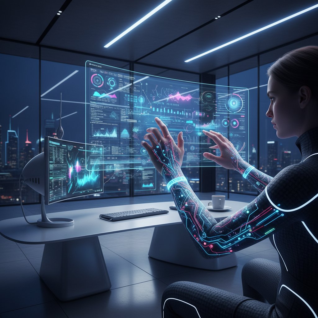 Osoba używająca nowoczesnej technologii do analizy skóry – dynamiczne światło, dom futurystyczny