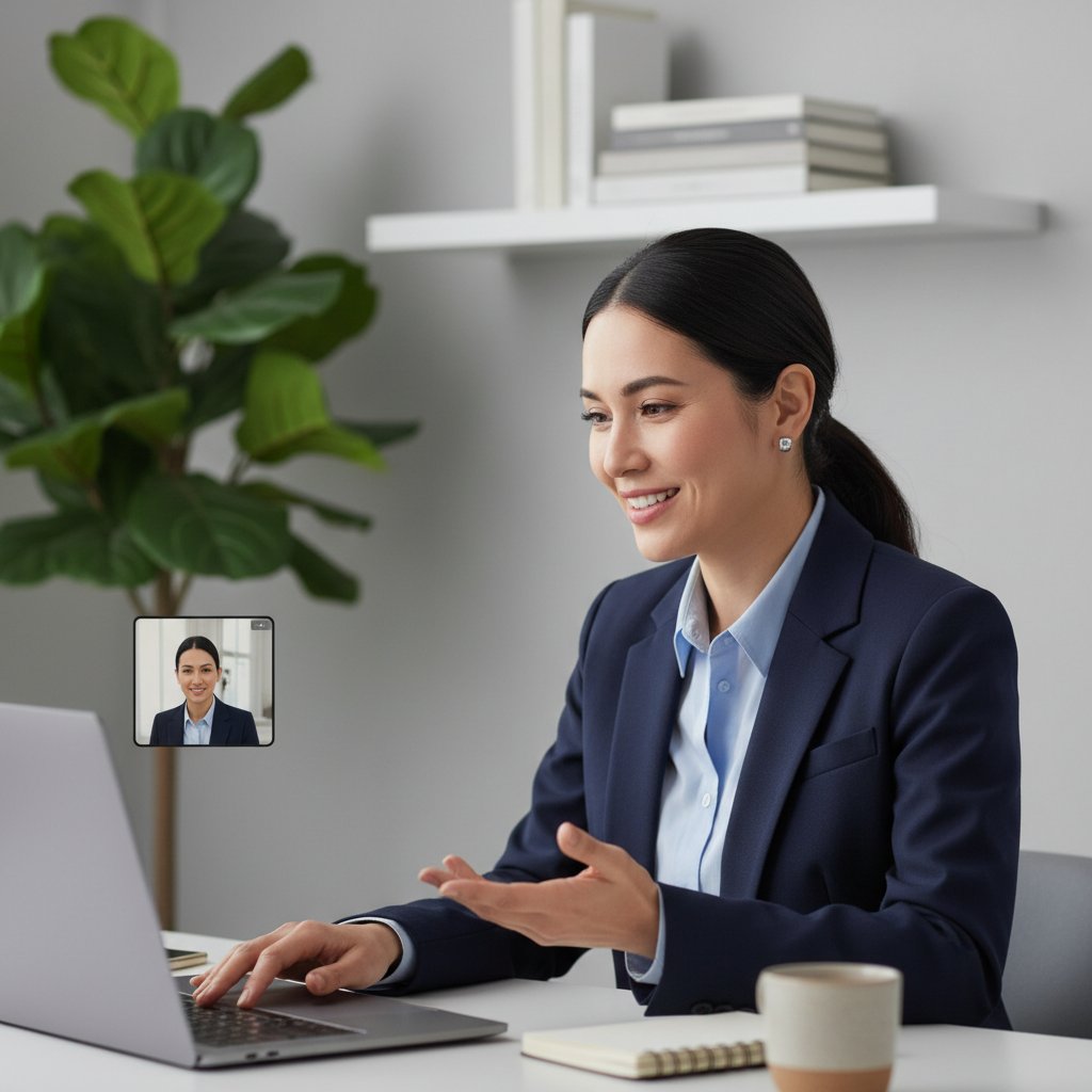 Osoba przygotowana do wideorozmowy, czyste tło, profesjonalny wygląd, skupienie