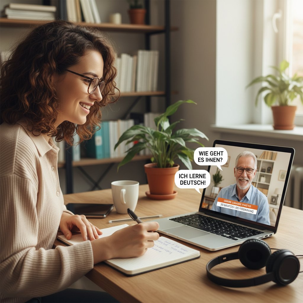 Zdjęcie osoby ćwiczącej rozmowy po niemiecku przez wideoczat z lektorem