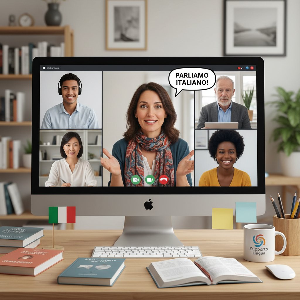 Osoba uczestnicząca w wideokonferencji z grupą uczących się włoskiego online