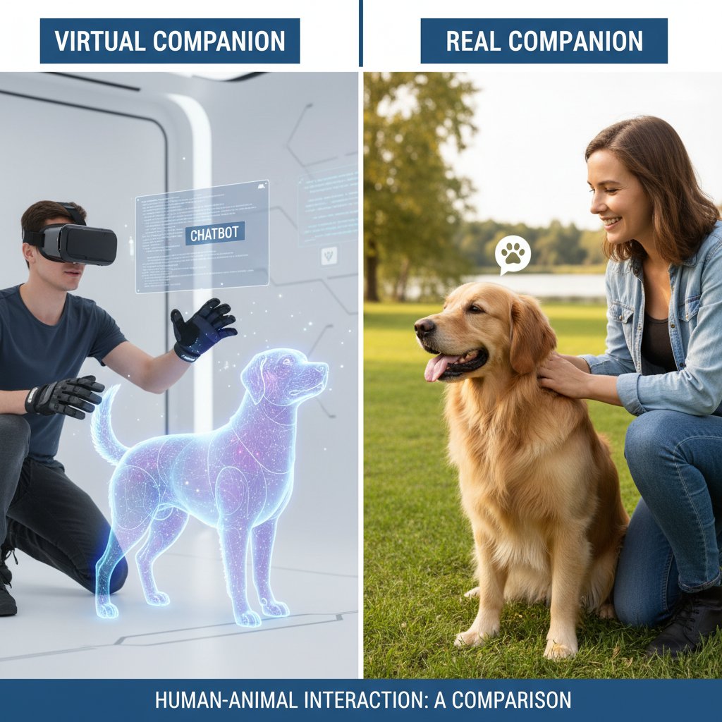Osoba z wirtualnym psem na ekranie, druga z prawdziwym psem, trzecia z chatbotem na telefonie | porównanie rozwiązań
