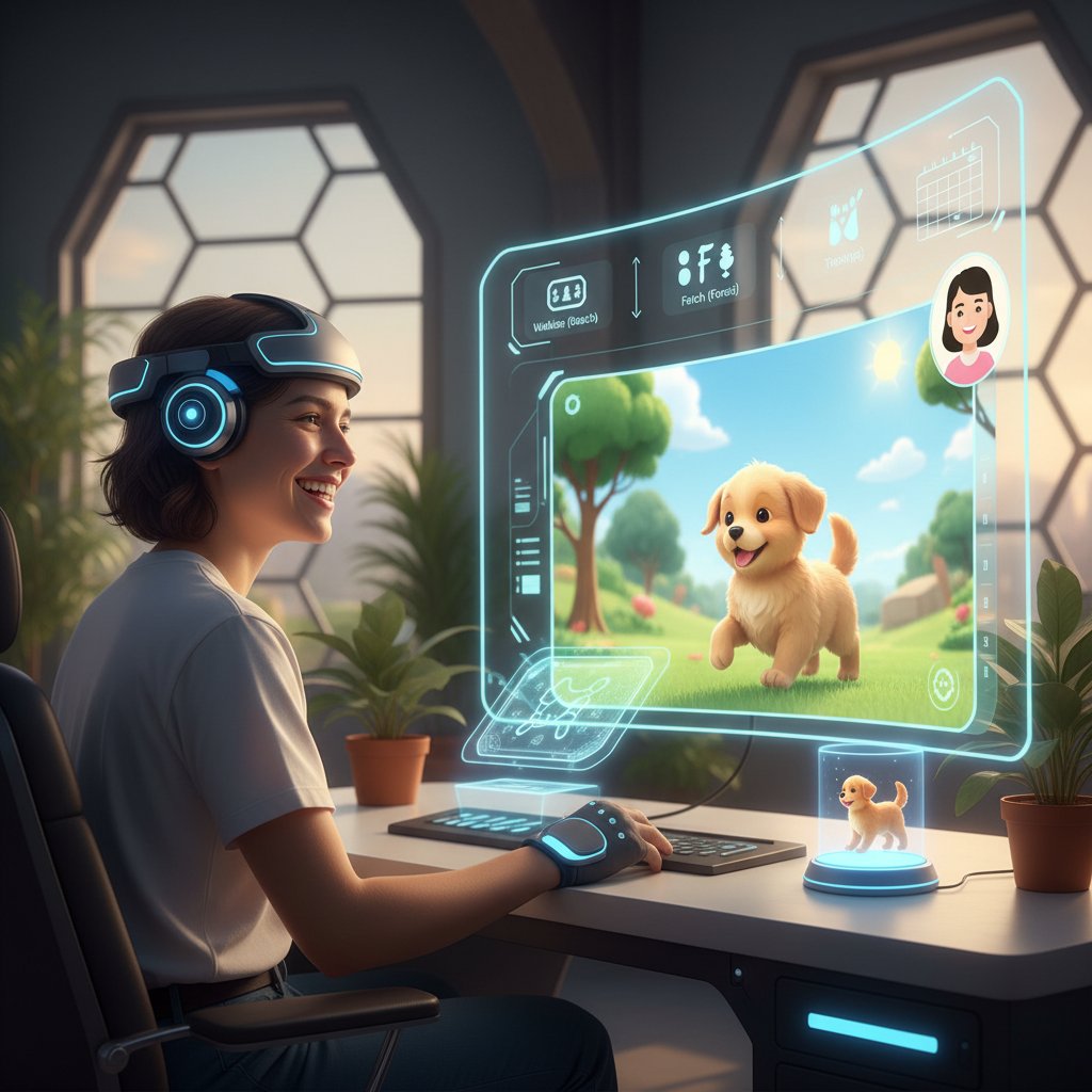 Osoba korzystająca z symulatora psa, planująca dzień z AI, uśmiech na twarzy, pozytywne emocje