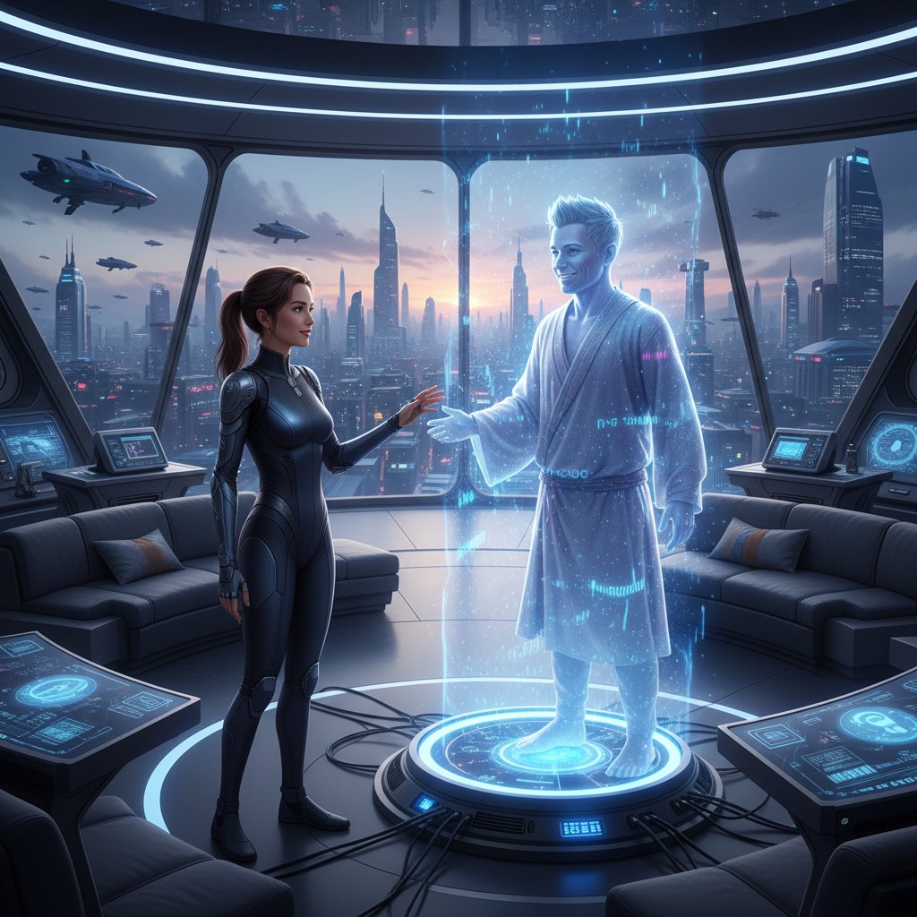 Osoba rozmawiająca z wirtualnym przyjacielem na hologramie, futurystyczne otoczenie