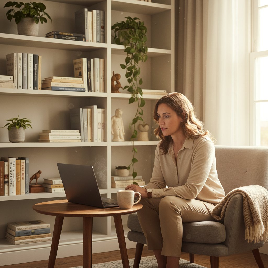 Osoba dyskutująca z wirtualnym terapeutą na ekranie laptopa, otoczenie domowe, naturalne światło, w tle książki o psychologii