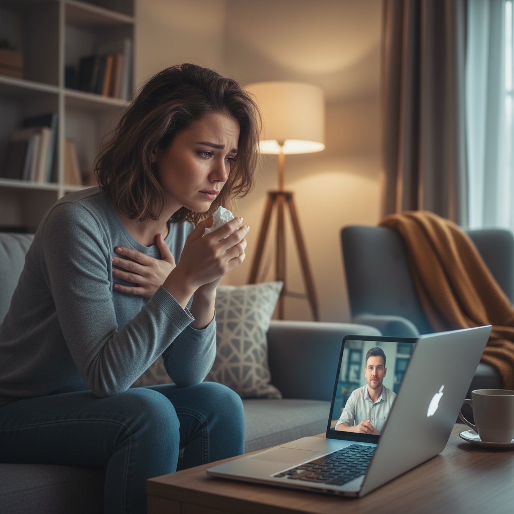 Osoba rozmawiająca z wirtualnym terapeutą na ekranie laptopa, emocjonalna atmosfera