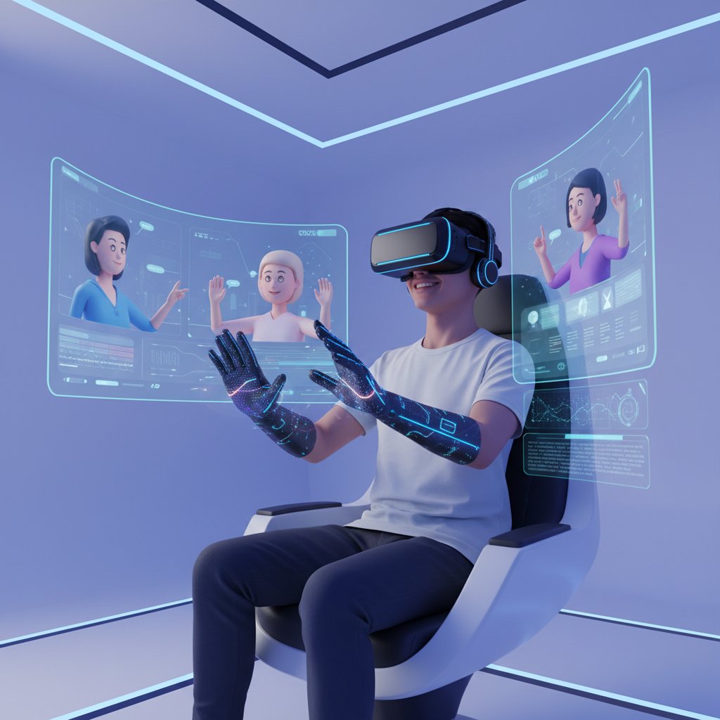 Osoba korzystająca z VR i AI do rozmów online, nowoczesne technologie, poczucie bliskości