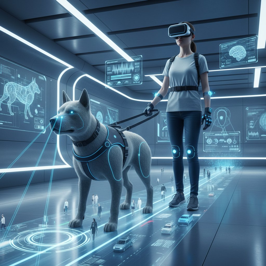 Zdjęcie osoby korzystającej z symulatora psa przewodnika w VR