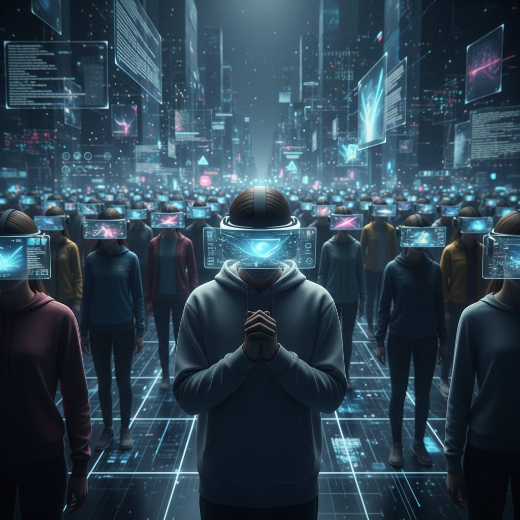 Osoba w okularach VR wśród tłumu, samotna, cyfrowa przyszłość samotności online