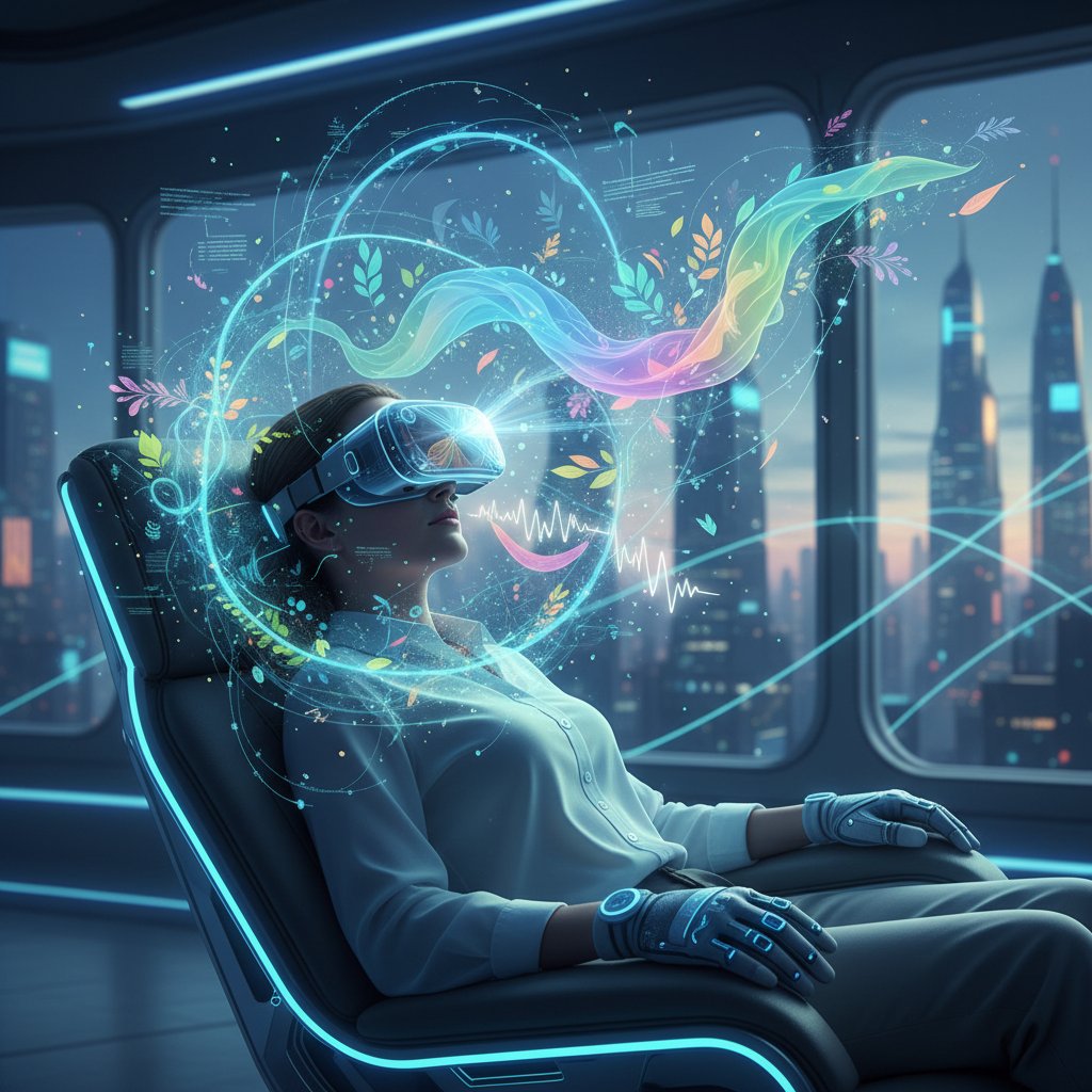 Futuristisches Setting: Mensch mit VR-Brille, digitale Netzwerke als Metapher für psychische Gesundheit