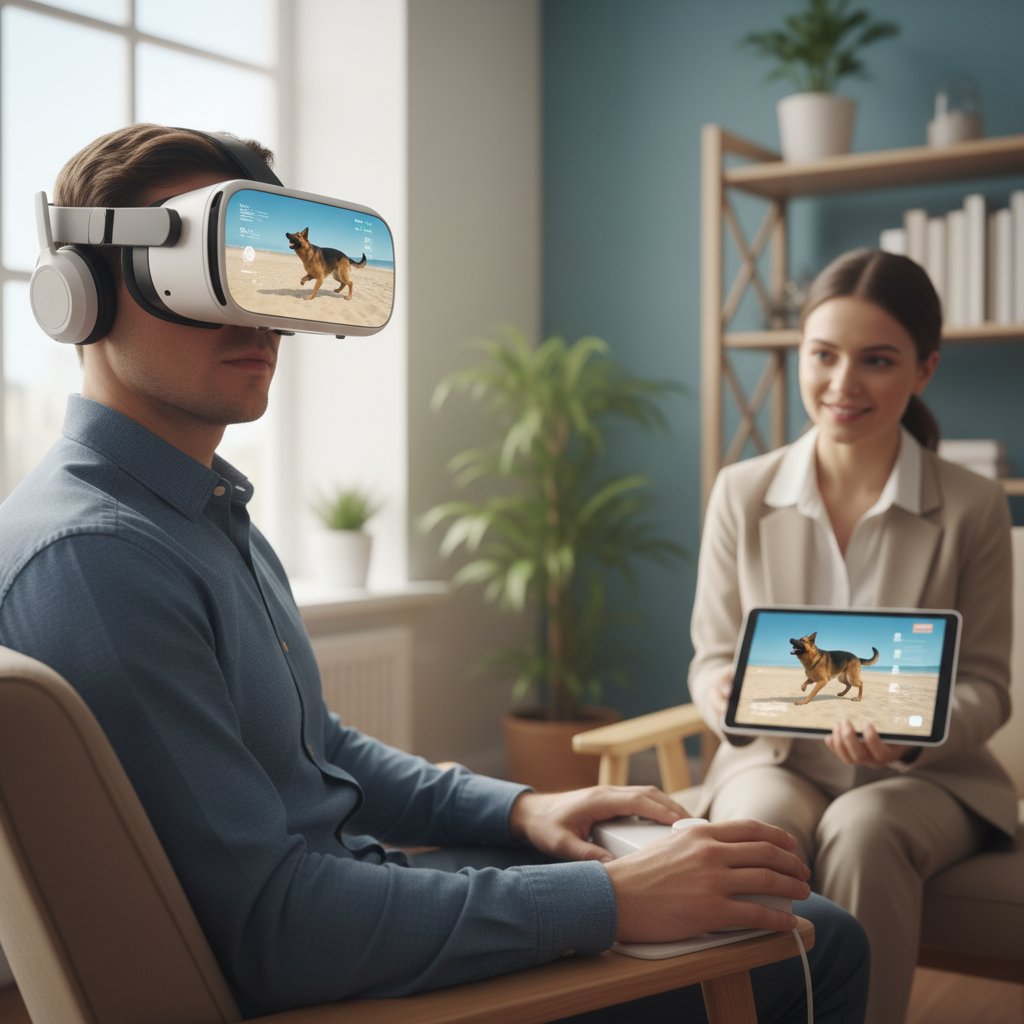 Osoba w okularach VR, korzystająca z terapii ekspozycyjnej