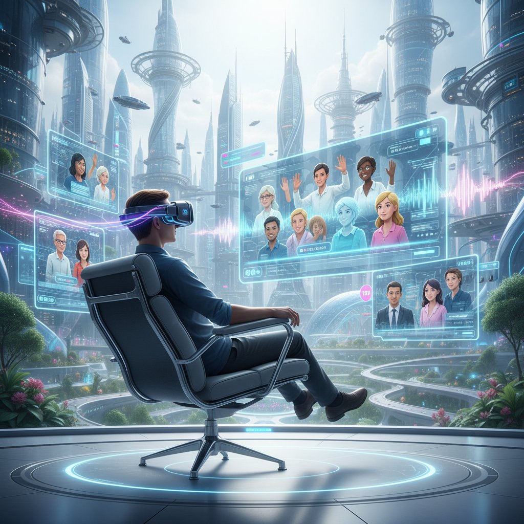 Osoba rozmawiająca przez wirtualne okulary, nowoczesna technologia a relacje online