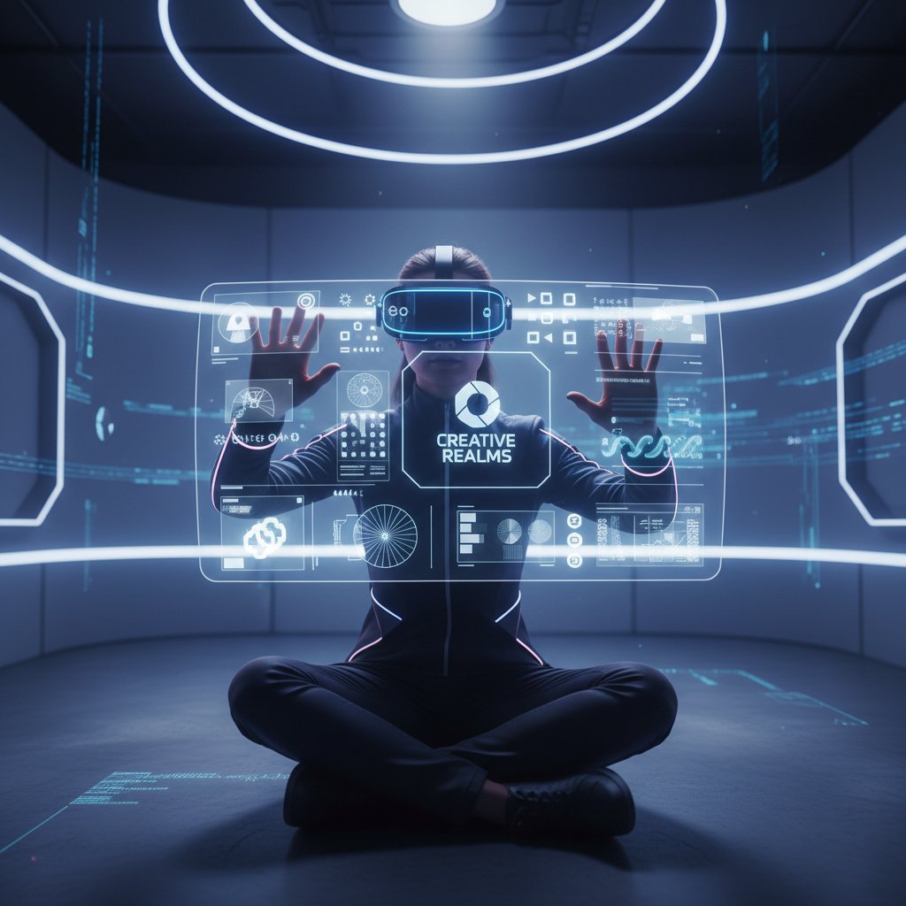 Osoba w okularach VR podczas projektowania grafiki, ekran z futurystycznym interfejsem, dynamiczne światło studio