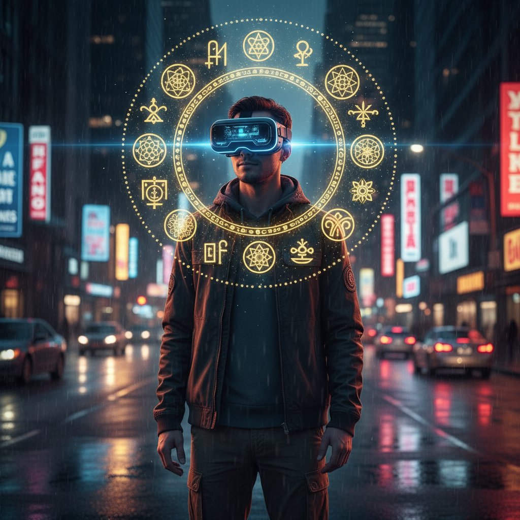 Person mit VR-Brille in urbaner Nacht, leuchtende spirituelle Symbole auf virtueller Leinwand, Mischung aus Technik und Mystik