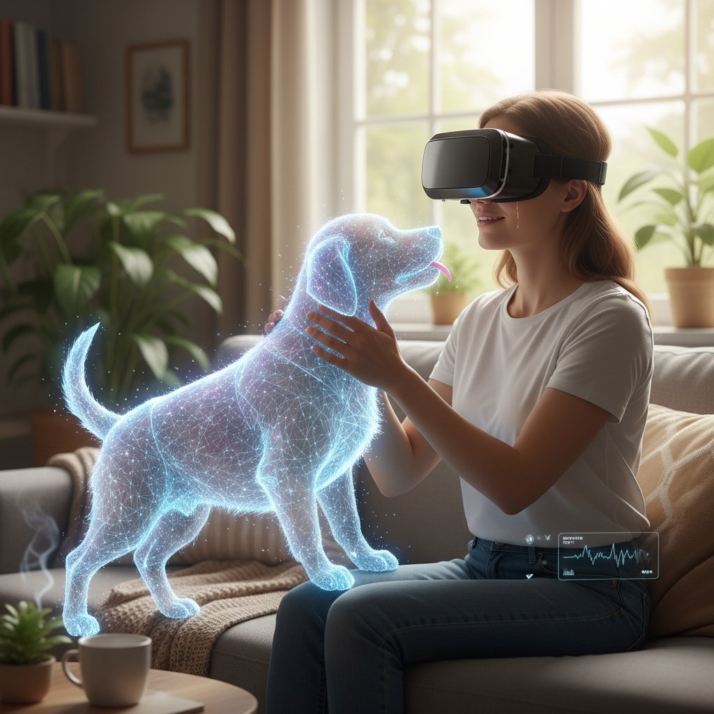 Mensch lächelt mit VR-Brille und virtuellem Hund, digitale Nähe, echte Gefühle, Stressabbau
