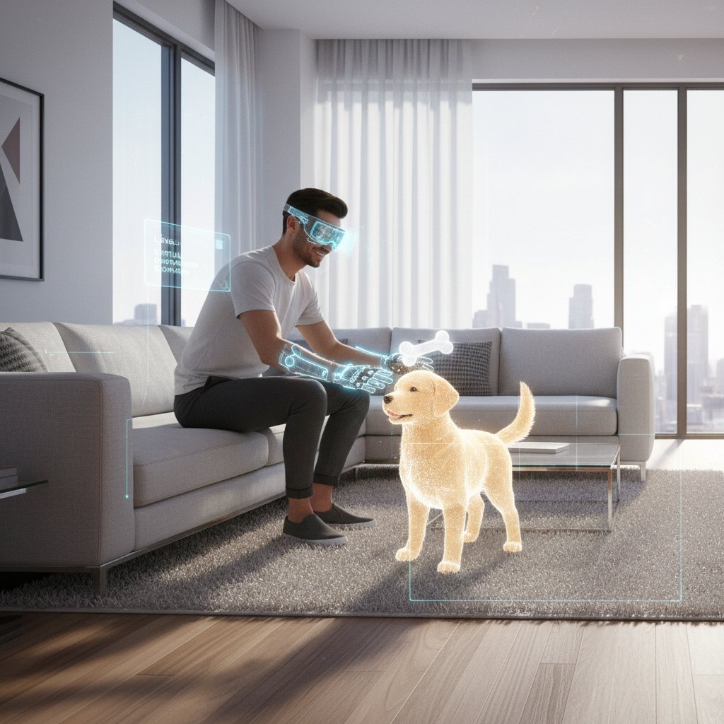 Osoba zakładająca okulary VR patrzy na wirtualnego psa siedzącego na kanapie – doświadczanie AR/VR w domowych warunkach