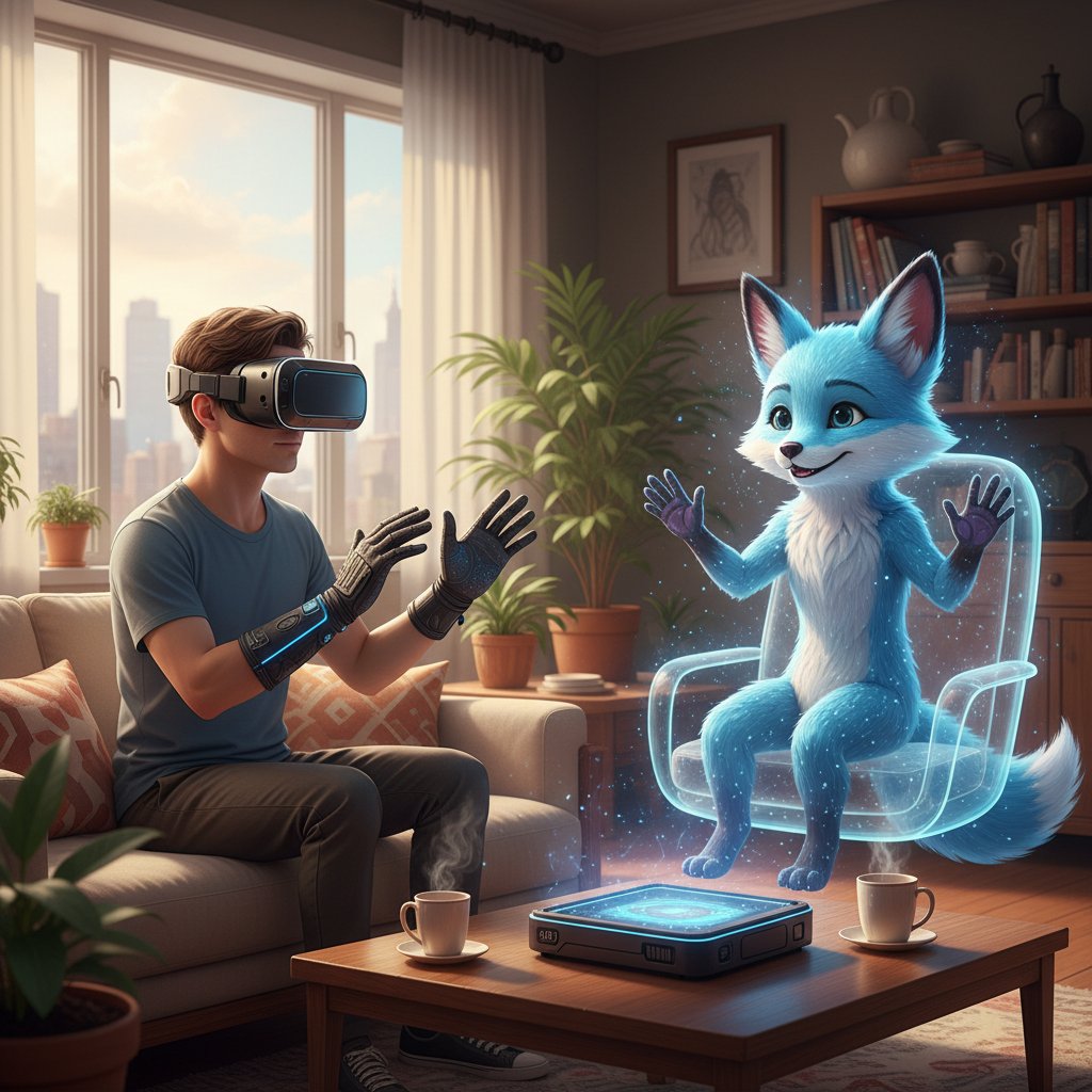 Osoba w okularach VR rozmawia z wirtualnym przyjacielem w domowym zaciszu