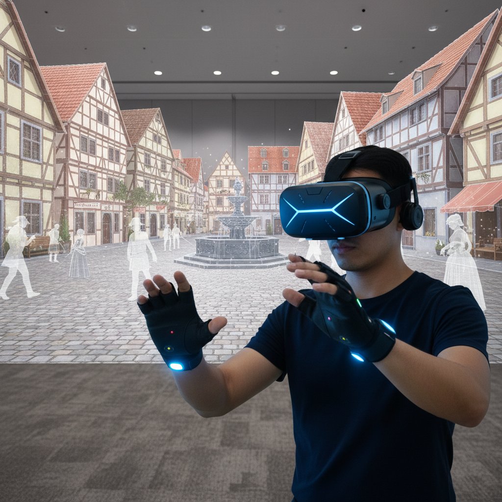 Osoba w goglach VR „wchodzi” do wirtualnej rekonstrukcji historycznej, w tle zarys starego miasta