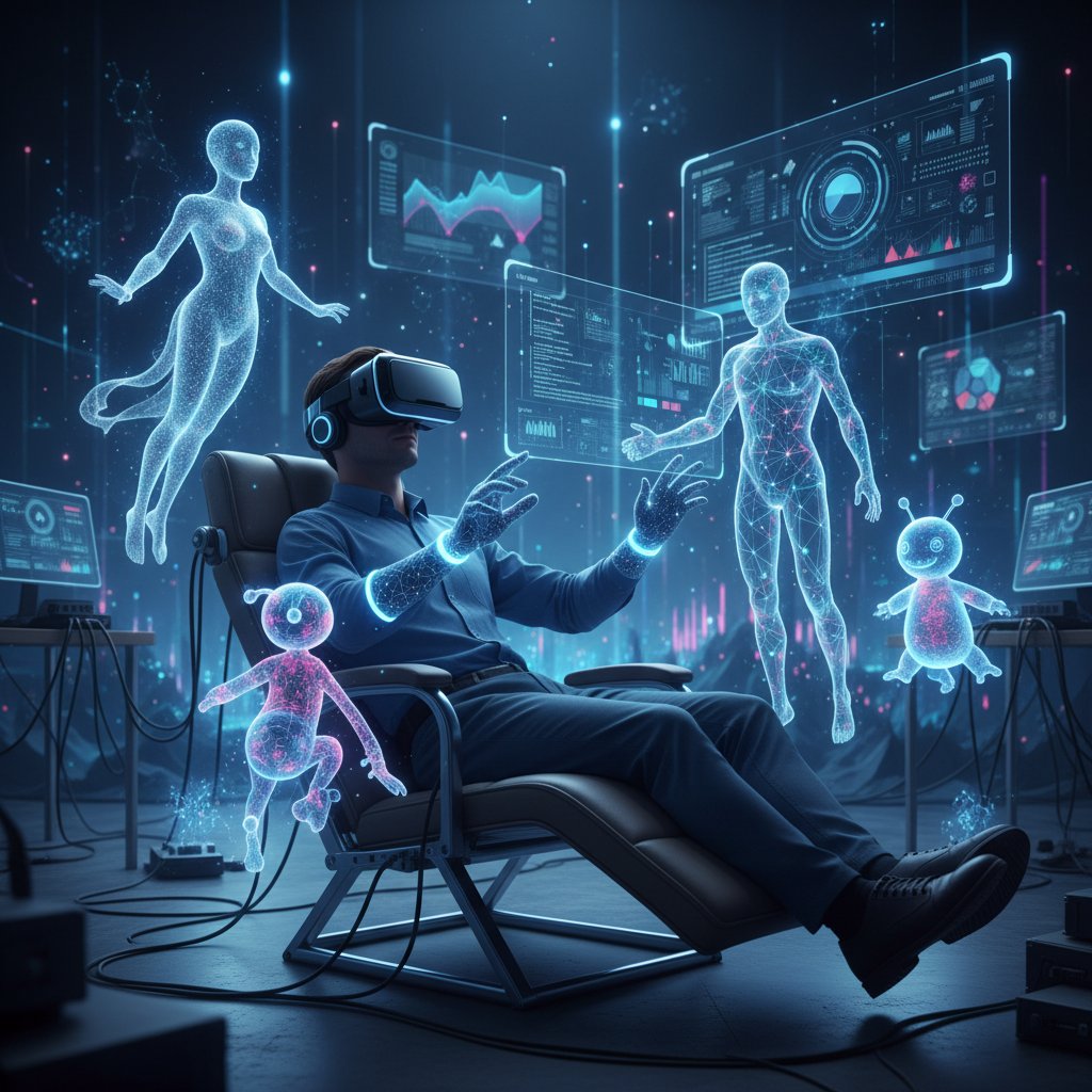 Technologische Szene: Person benutzt VR-Brille mit KI-Avataren, symbolisiert Trends bei virtuellen Freundinnen