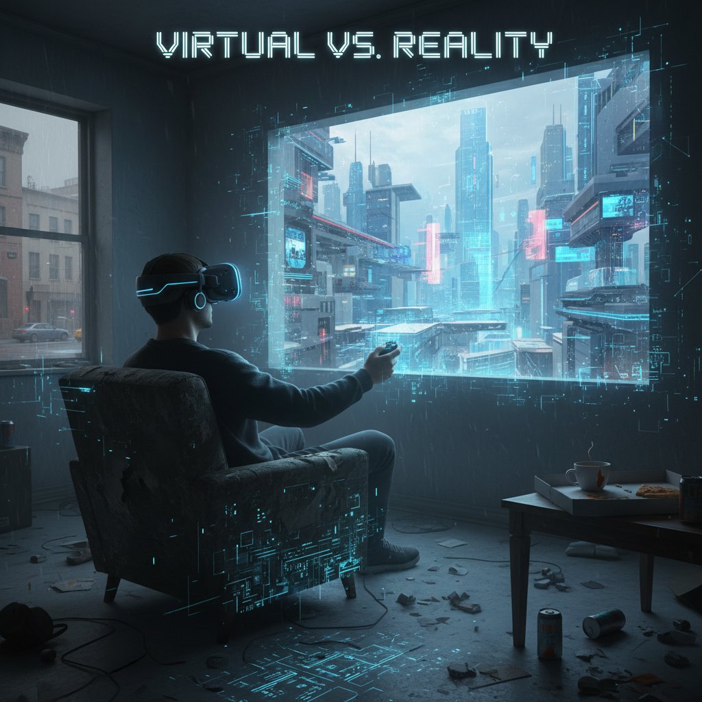 Osoba w okularach VR siedząca samotnie w pokoju, ekran pokazuje wirtualne miasto, kontrast między rzeczywistością a światem cyfrowym