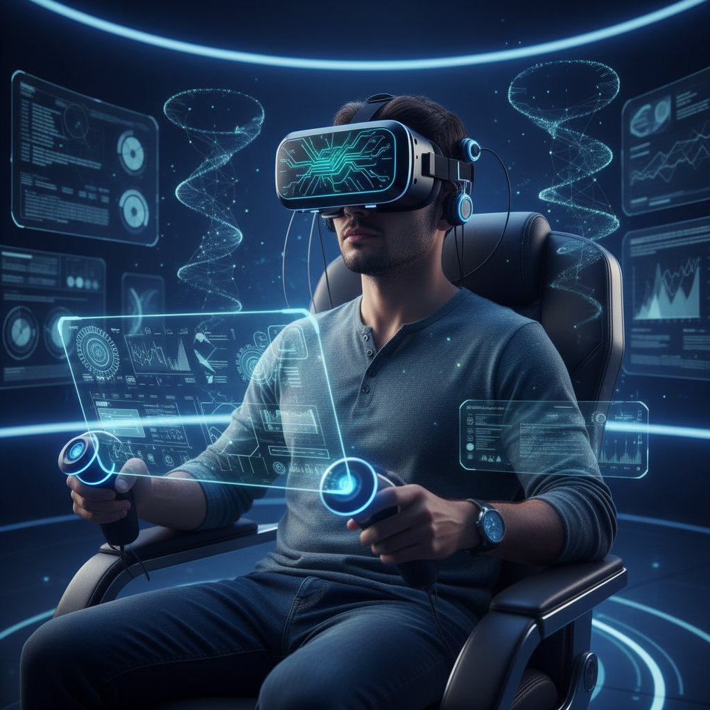 Osoba korzystająca z okularów VR podczas treningu umysłu, zaawansowane technologie, motywująca atmosfera