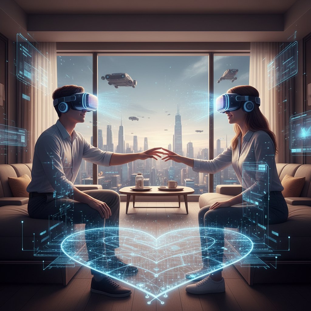 Mensch mit VR-Brille, digitale Projektion einer Freundin im Hintergrund, symbolisiert Zukunft der virtuellen Beziehungen
