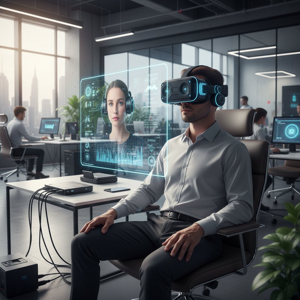 Osoba w okularach VR, komputer analizujący emocje, nowoczesne otoczenie