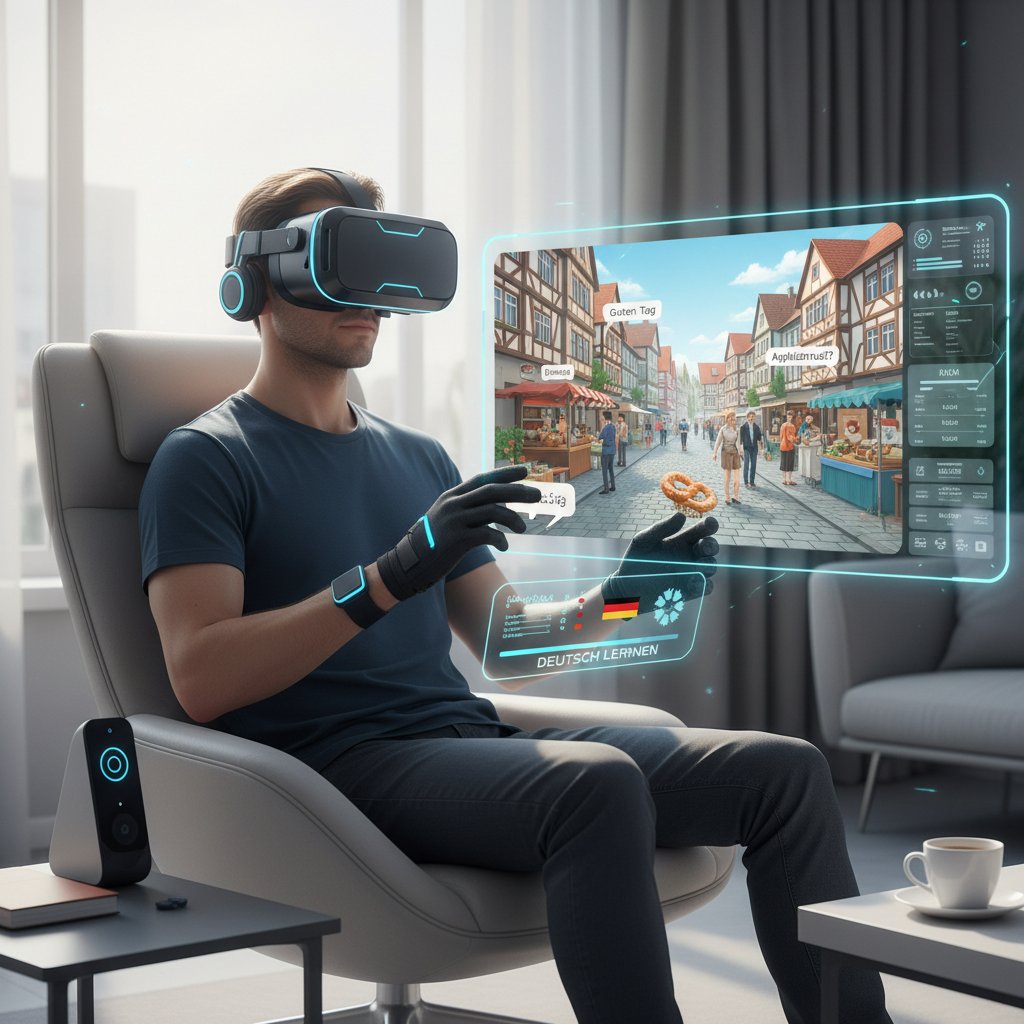 Osoba korzystająca z VR do nauki niemieckiego, nowoczesne technologie edukacyjne