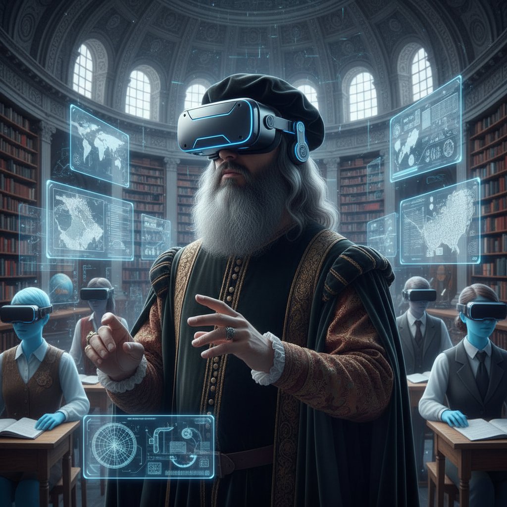 Osoba w goglach VR rozmawiająca z symulowaną postacią historyczną w wirtualnej klasie