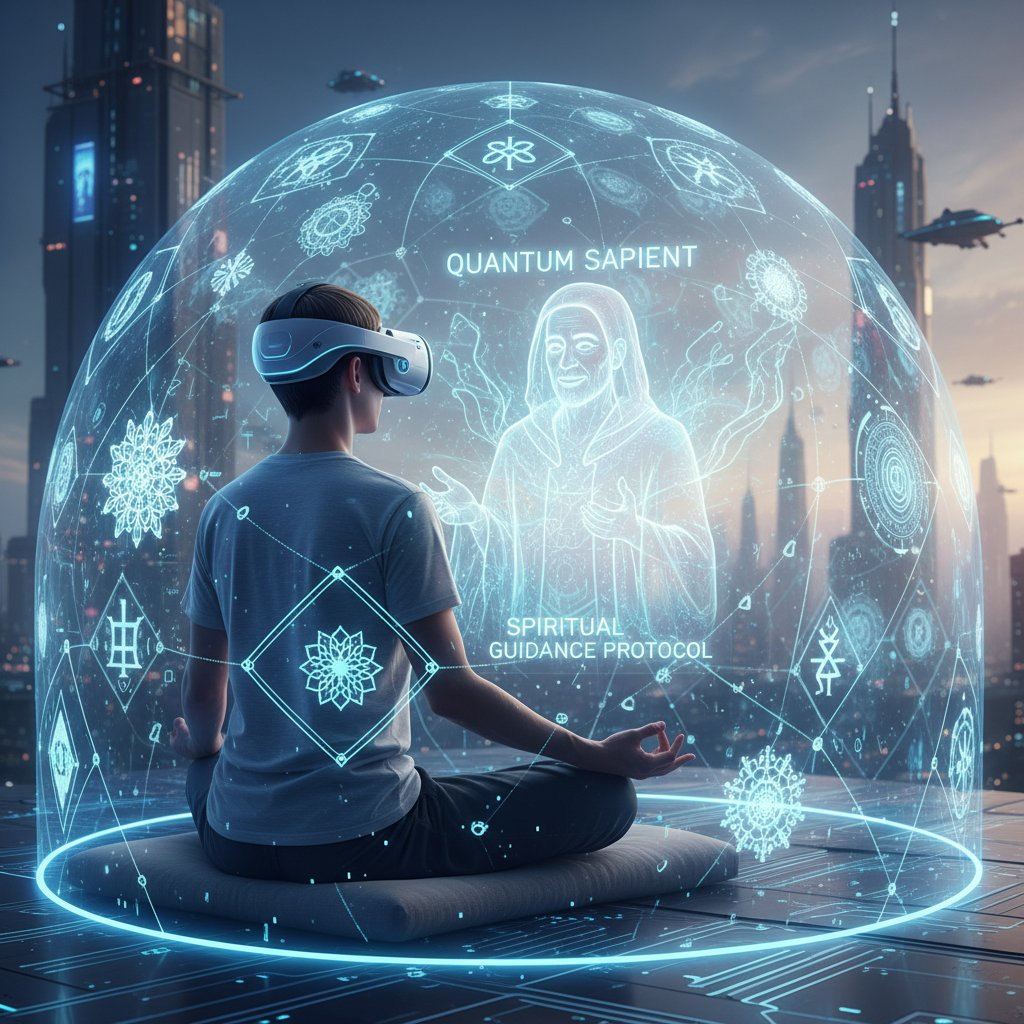 Szene mit Person, VR-Brille auf Kopf, in meditativer Pose, umgeben von digitalen Symbolen und Licht, Symbolbild für zukünftige Technologien in der spirituellen Beratung