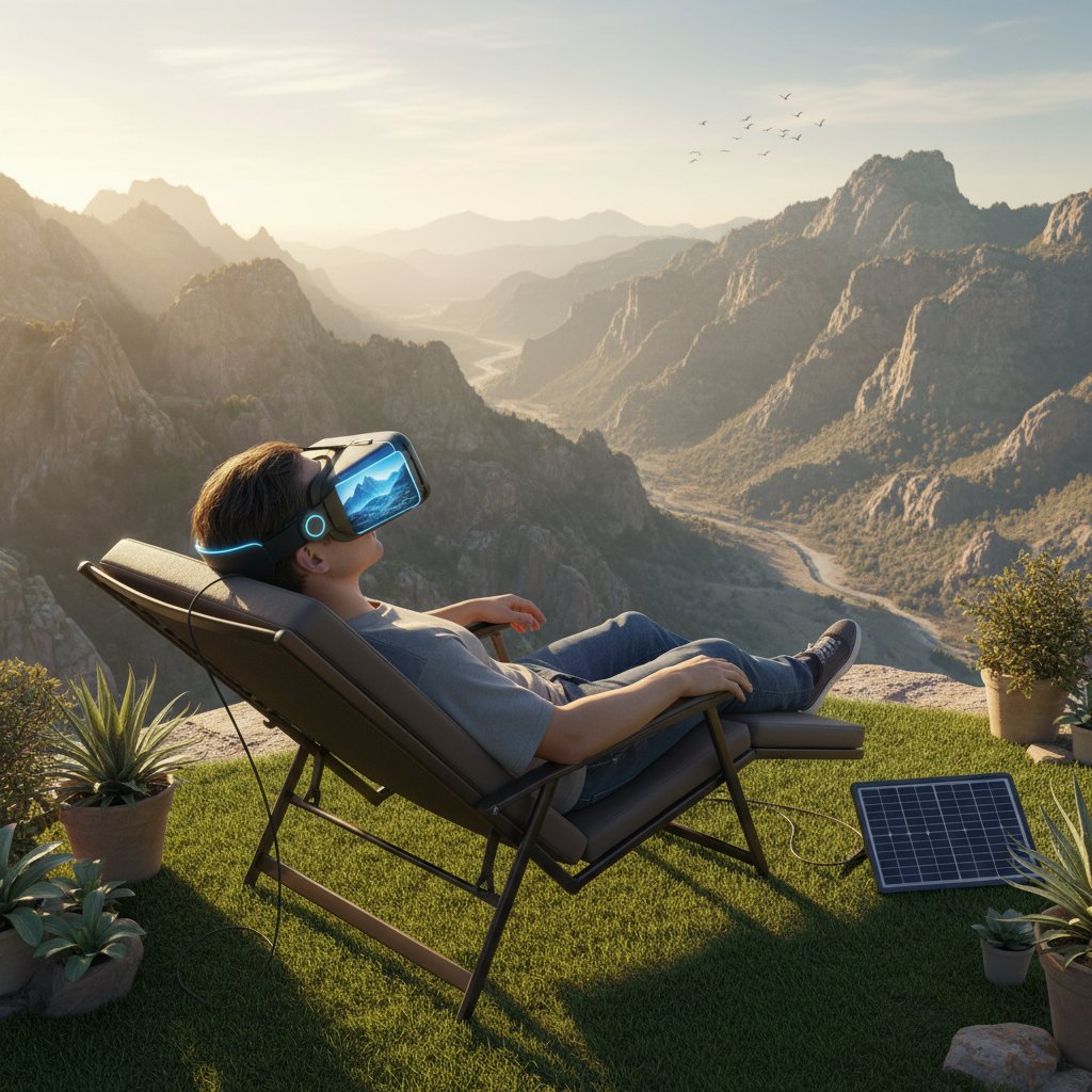 Osoba korzystająca z gogli VR do relaksacji, zanurzona w wirtualnym krajobrazie górskim