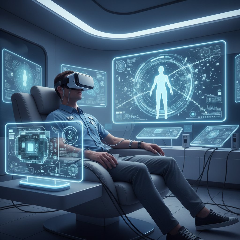 Osoba w goglach VR podczas terapii uzależnień, nowoczesny gabinet psychologiczny, słowa kluczowe: technologia, terapia uzależnień