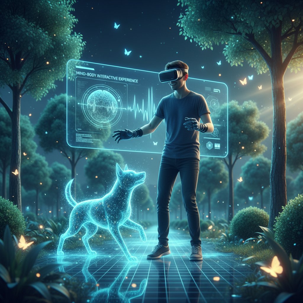 Osoba z zestawem VR opiekująca się wirtualnym psem w wirtualnym parku