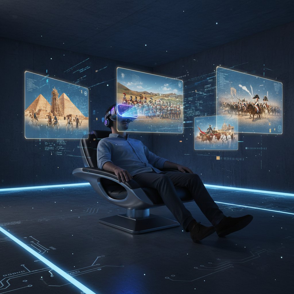 Osoba z zestawem VR, wokół niej holograficzne obrazy historycznych wydarzeń, ciemne nowoczesne wnętrze