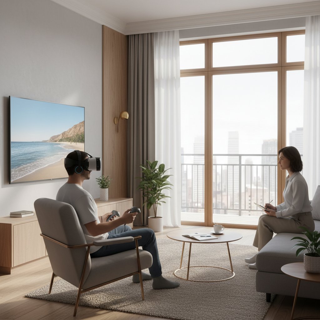 Osoba korzystająca z technologii VR podczas terapii psychologicznej w nowoczesnym mieszkaniu