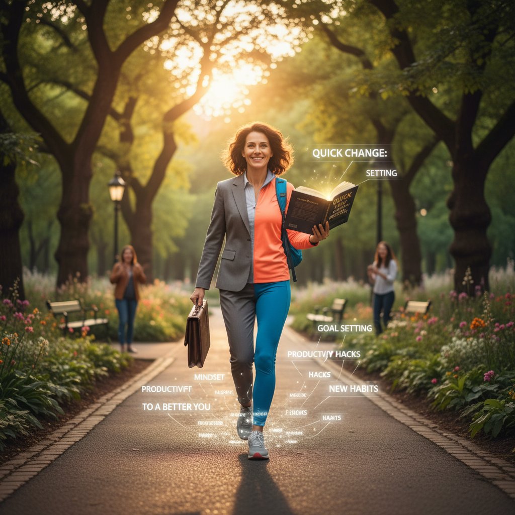 Osoba robiąca 5-minutowy spacer w miejskim parku, symbolizuje natychmiastowe porady życiowe wdrażane w codzienności