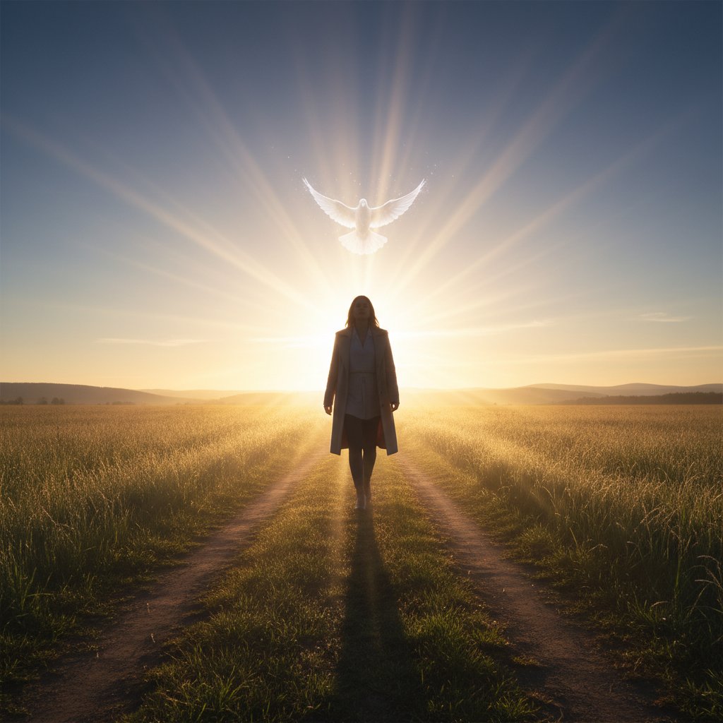 Pewność siebie po podjęciu decyzji wczesnej, person, walking, confidently, sunrise, hope