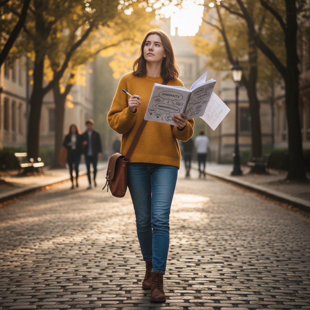 Osoba na spacerze z notatnikiem, zapisująca pomysły – ćwiczenia kreatywności w praktyce