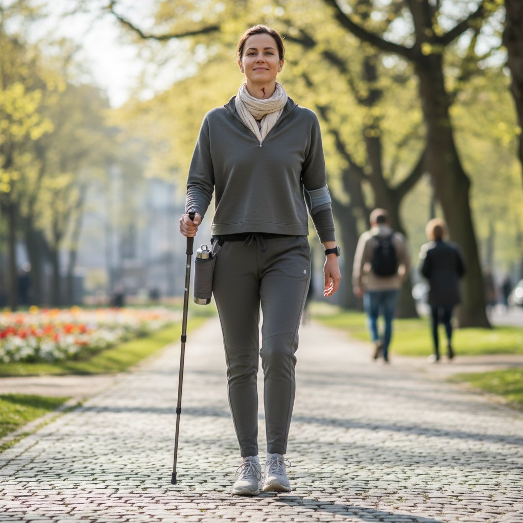 Osoba na spacerze po operacji przepukliny