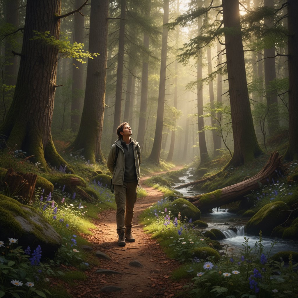 Osoba spacerująca po lesie, czerpiąca spokój i inspirację z natury