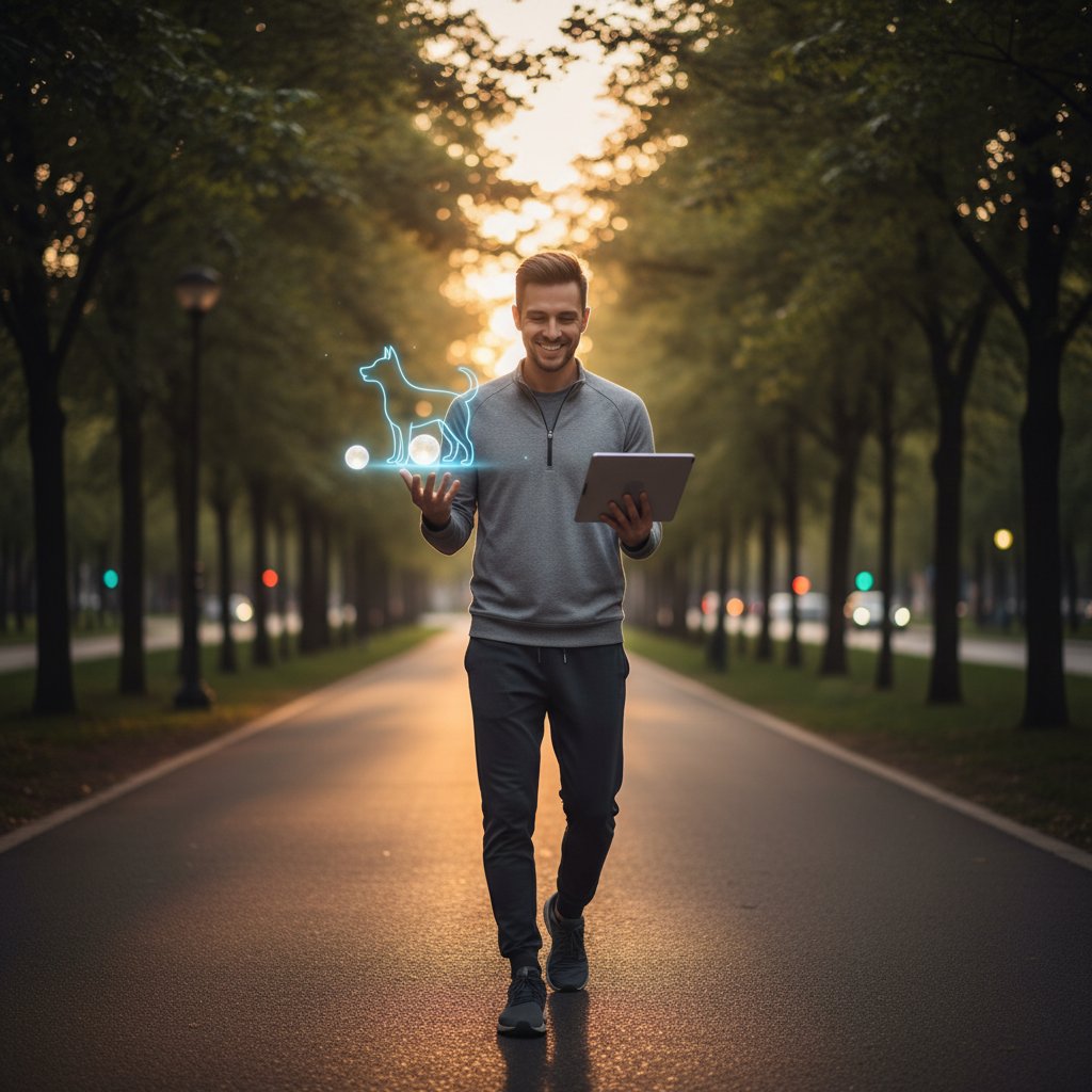 Osoba wychodząca na spacer po rozmowie z wirtualnym pieskiem, zachowanie balansu cyfrowo-offline