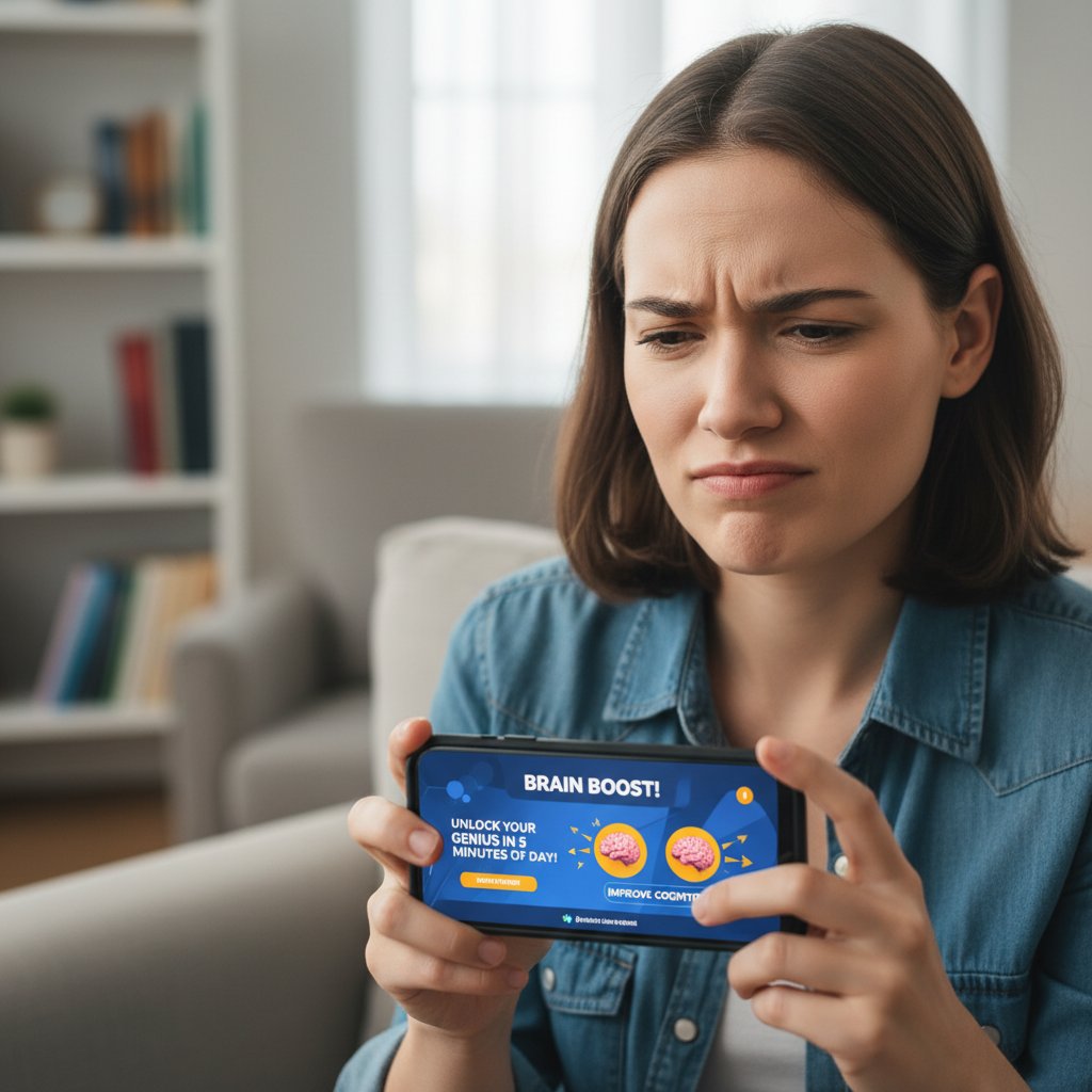 Osoba oglądająca reklamę aplikacji do treningu mózgu na smartfonie, wyraźna mimika wskazująca sceptycyzm