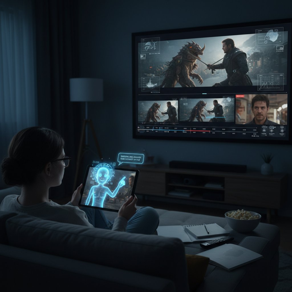 Person watching film, using AI movie assistant, discovering great acting, tasteray.com concept