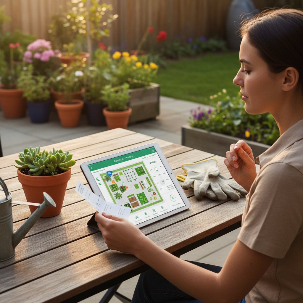 Zadowolona osoba trzymająca rachunki za wodę i pokazująca ekran z aplikacji ogrodniczej