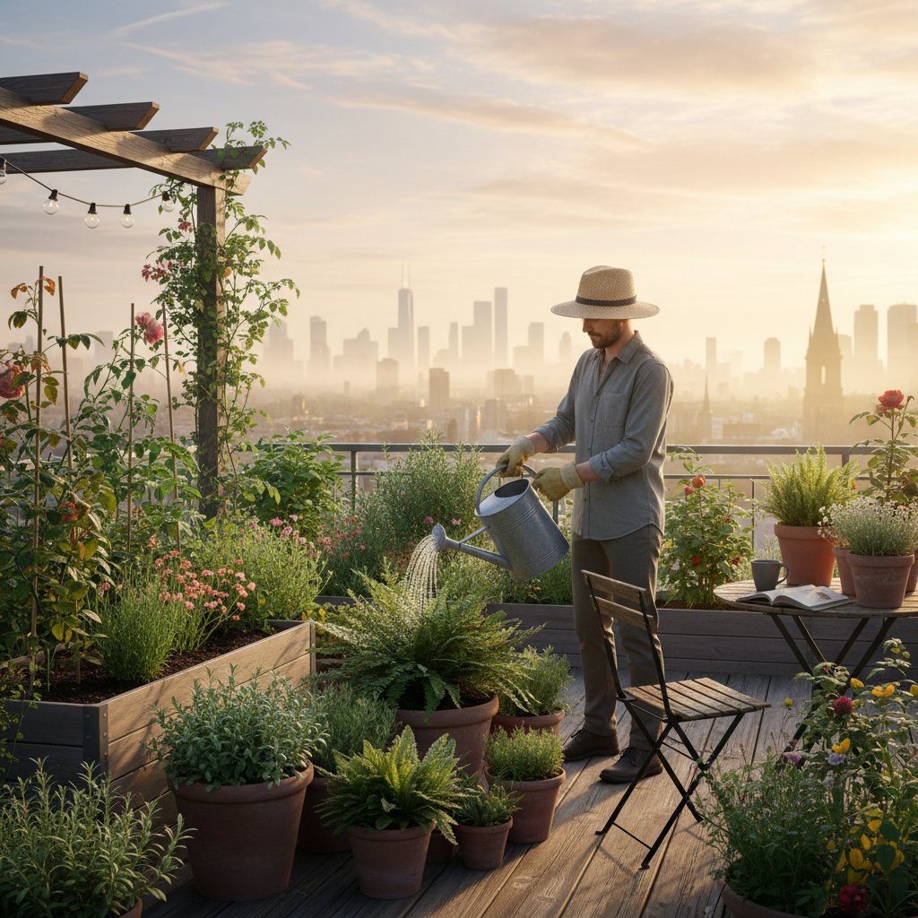 Osoba podlewająca rośliny na dachu w letni poranek